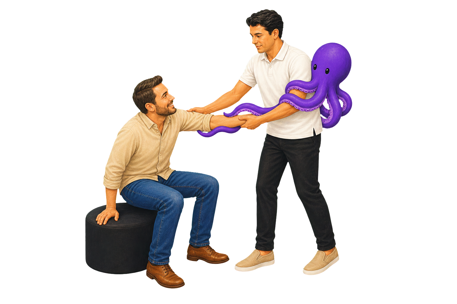 Ilustracao de Mauricio ajudando um empresario a se levantar com o polvo roxo apoiando o movimento