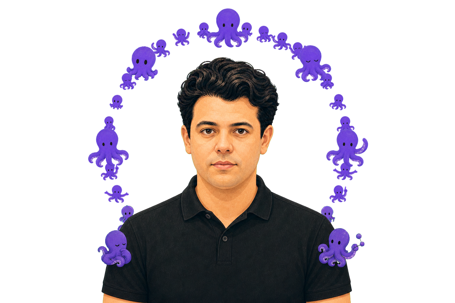 Ilustração frontal de Maurício Gonçalves com polo preta e uma auréola formada por polvos roxos de IA em poses diferentes