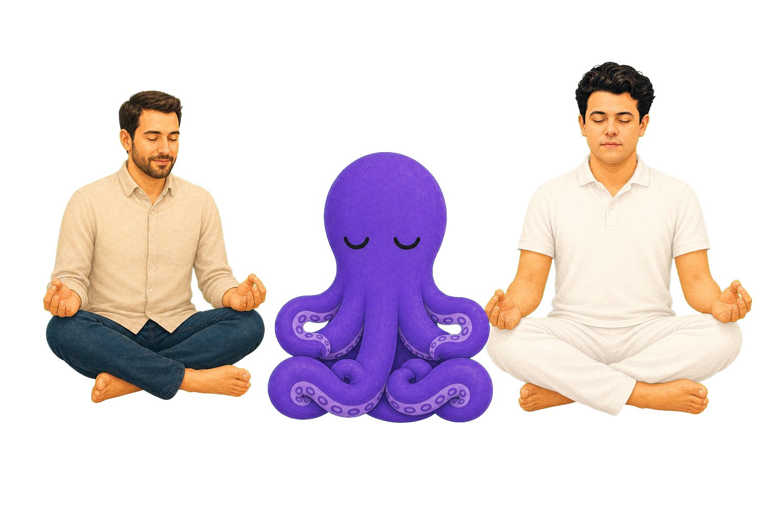 Ilustração de Maurício Gonçalves, um empresário e o polvo roxo meditando juntos, com o polvo ao centro