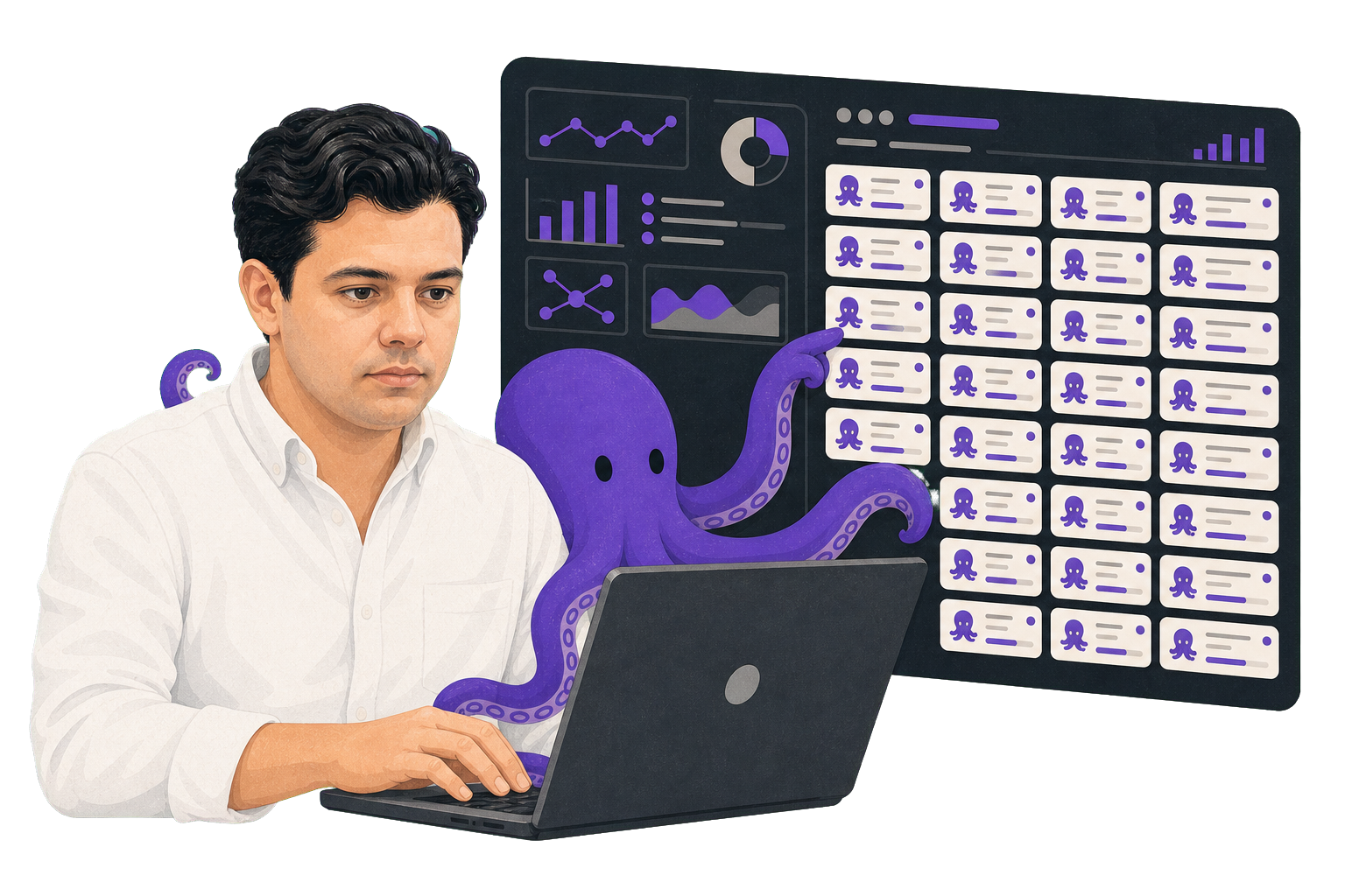 Ilustração de Maurício Gonçalves trabalhando no computador com um painel de agentes de IA representados por ícones de polvo