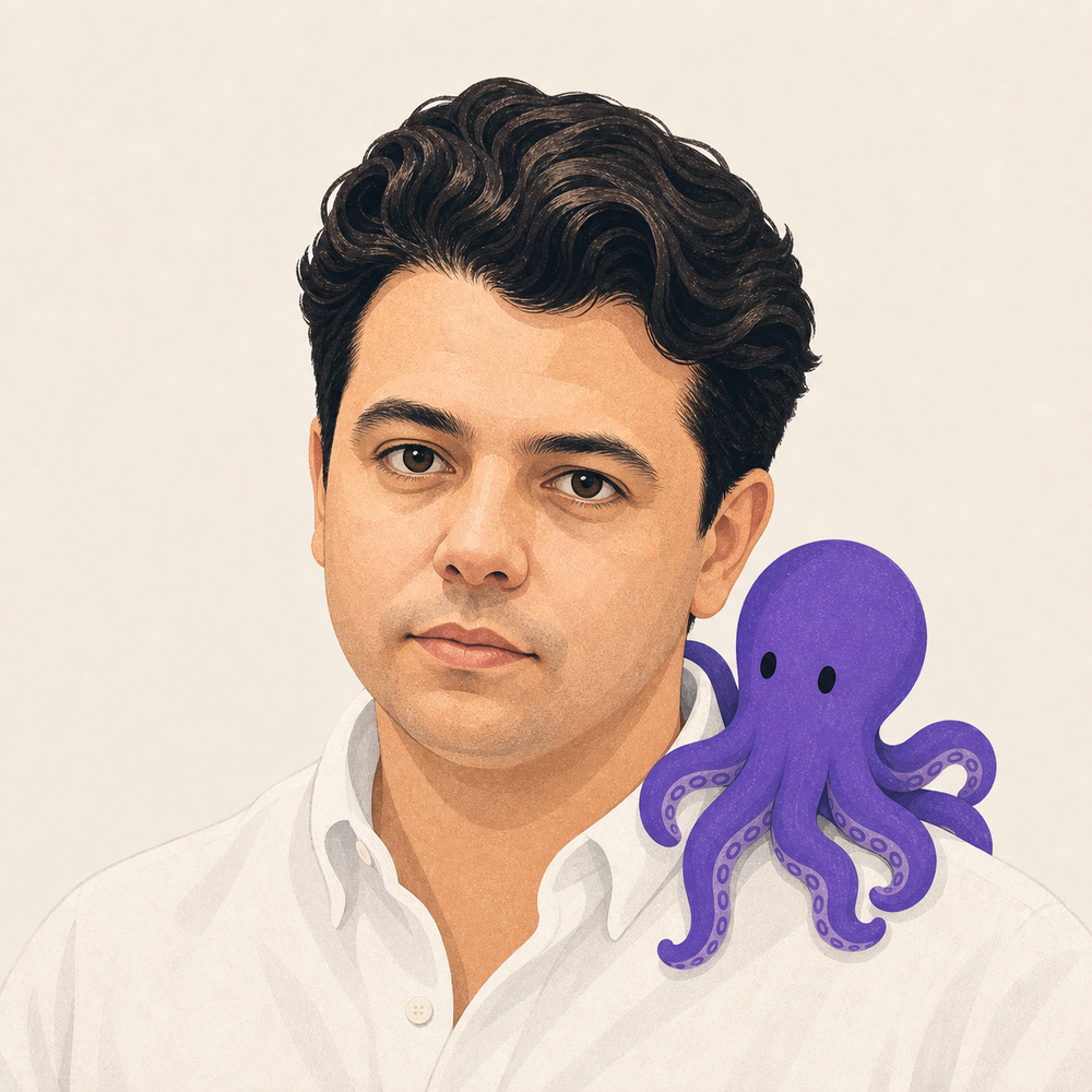 Retrato ilustrado de Maurício Gonçalves com o mascote polvo roxo no ombro