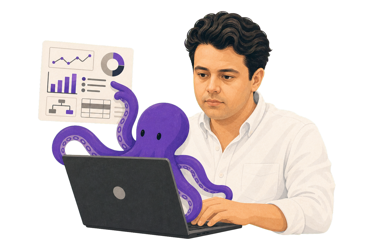 Ilustração de Maurício Gonçalves trabalhando no computador com o mascote polvo roxo analisando dashboards