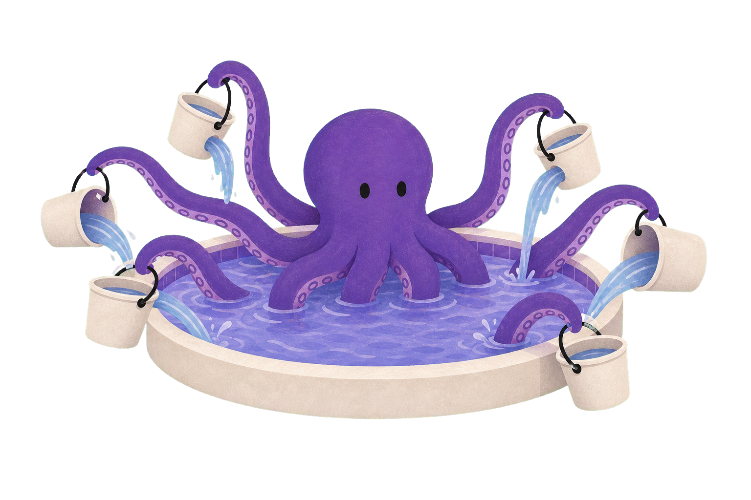 Polvo roxo dentro de uma piscina enquanto seus tentáculos puxam baldes de água e despejam tudo em um só lugar