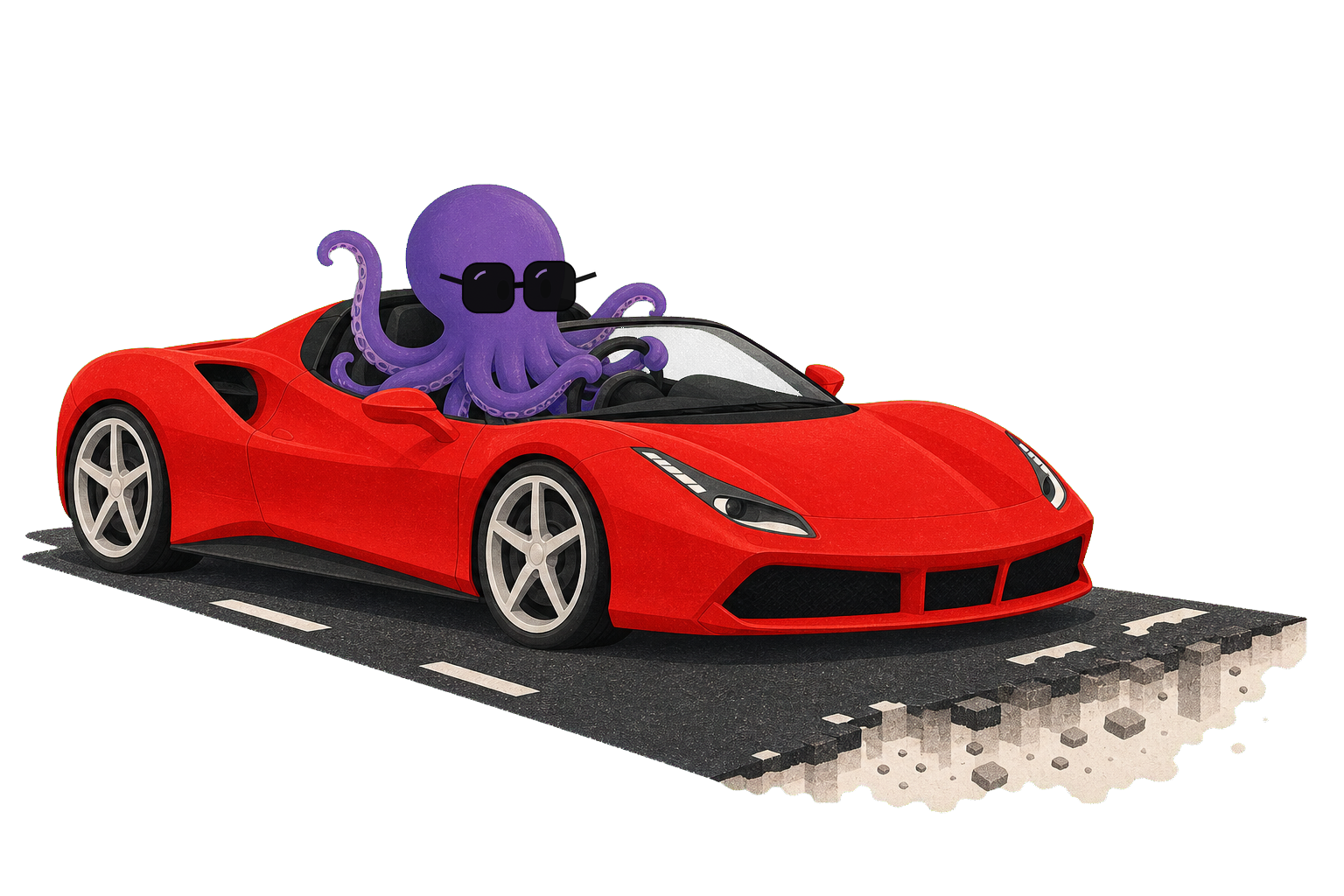 Polvo roxo de óculos escuros dentro de um supercarro vermelho parado em uma estrada inacabada, representando potência sem estrutura