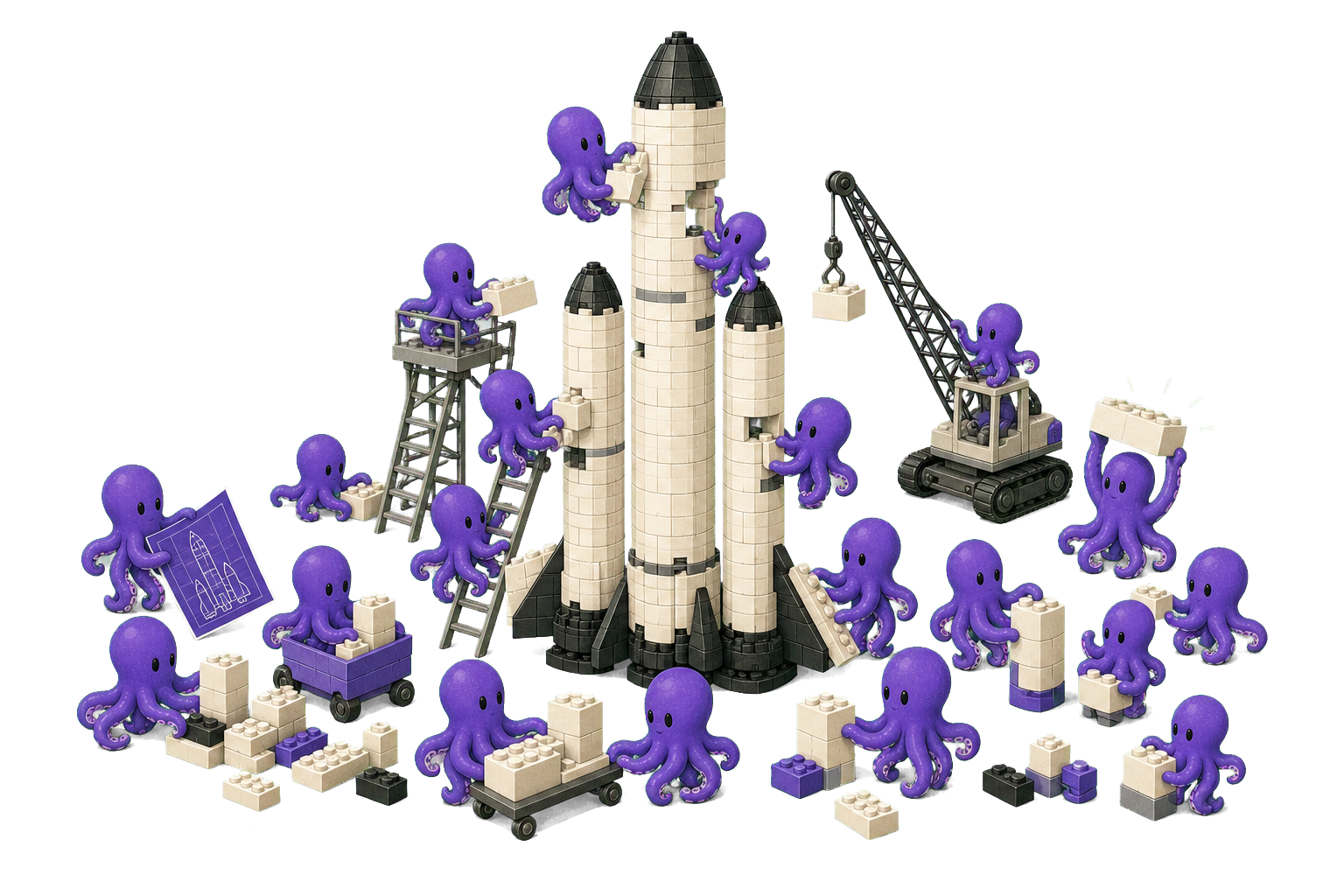Ilustração de vários polvos roxos trabalhando juntos para montar um foguete de blocos inspirado no Falcon Heavy