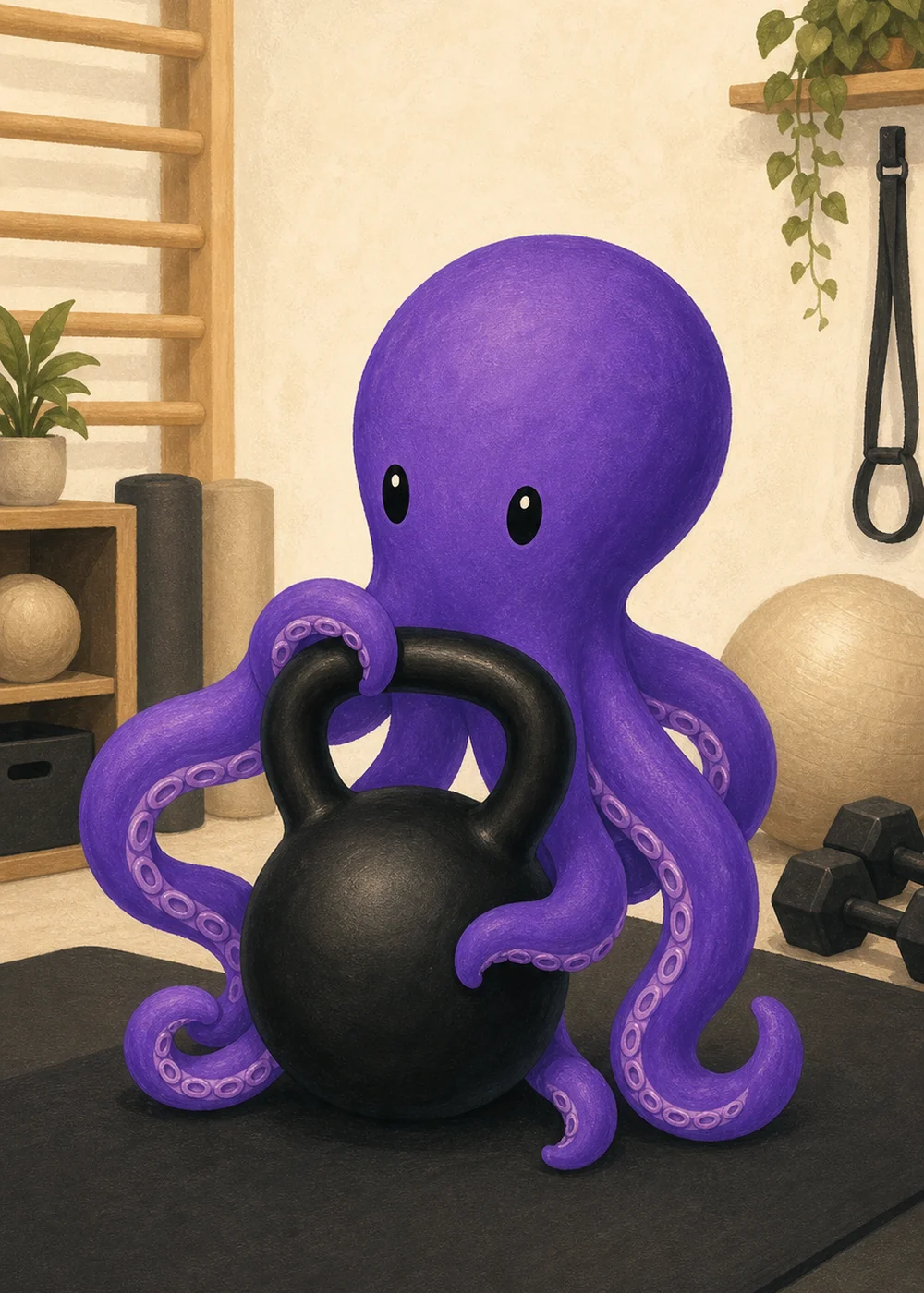Polvo roxo segurando um kettlebell em um estúdio de treino