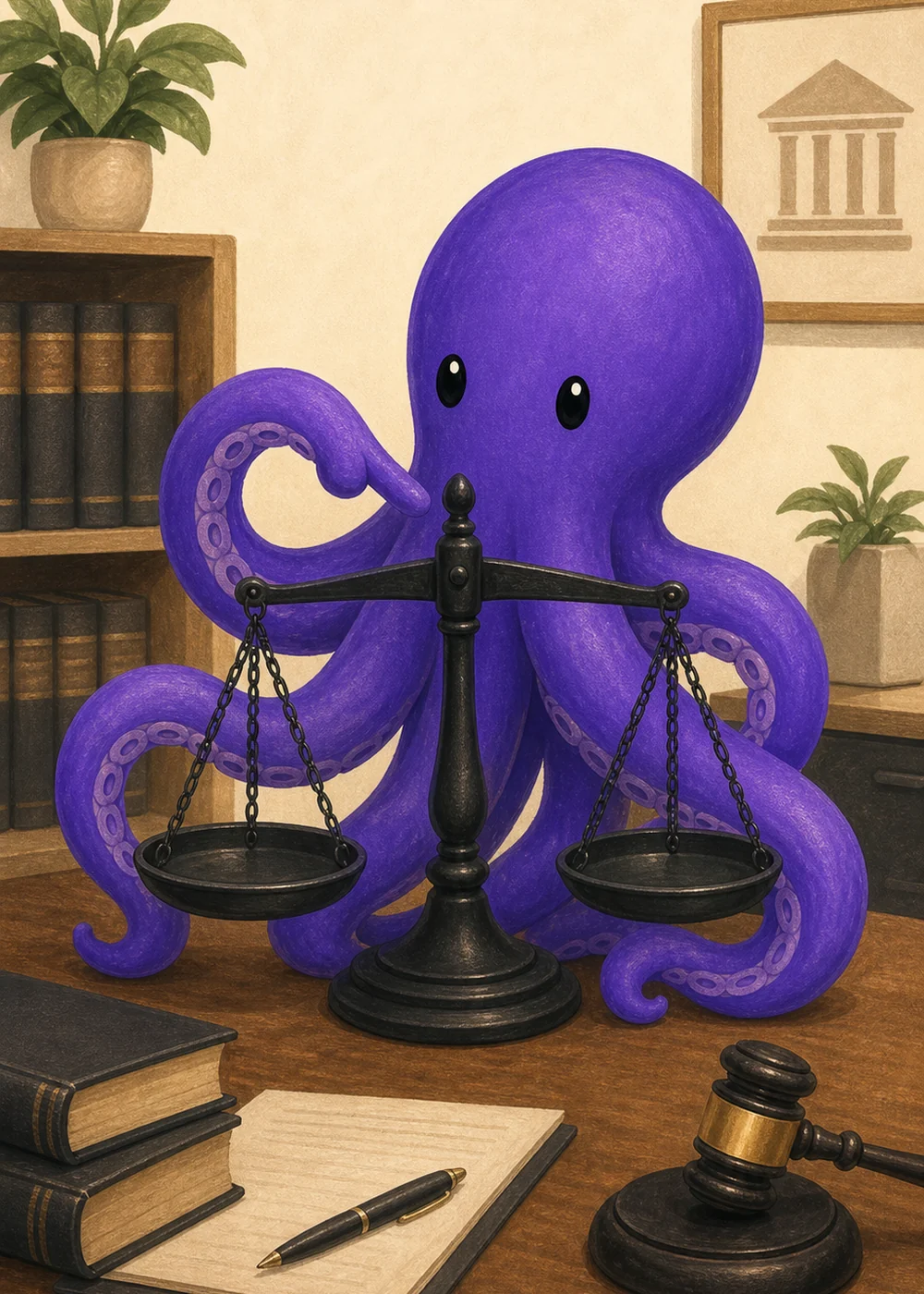 Polvo roxo com uma balança de justiça em um escritório jurídico