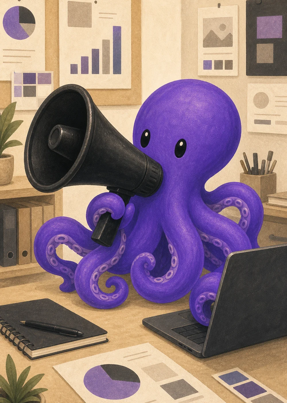 Polvo roxo usando um megafone em um estúdio de marketing