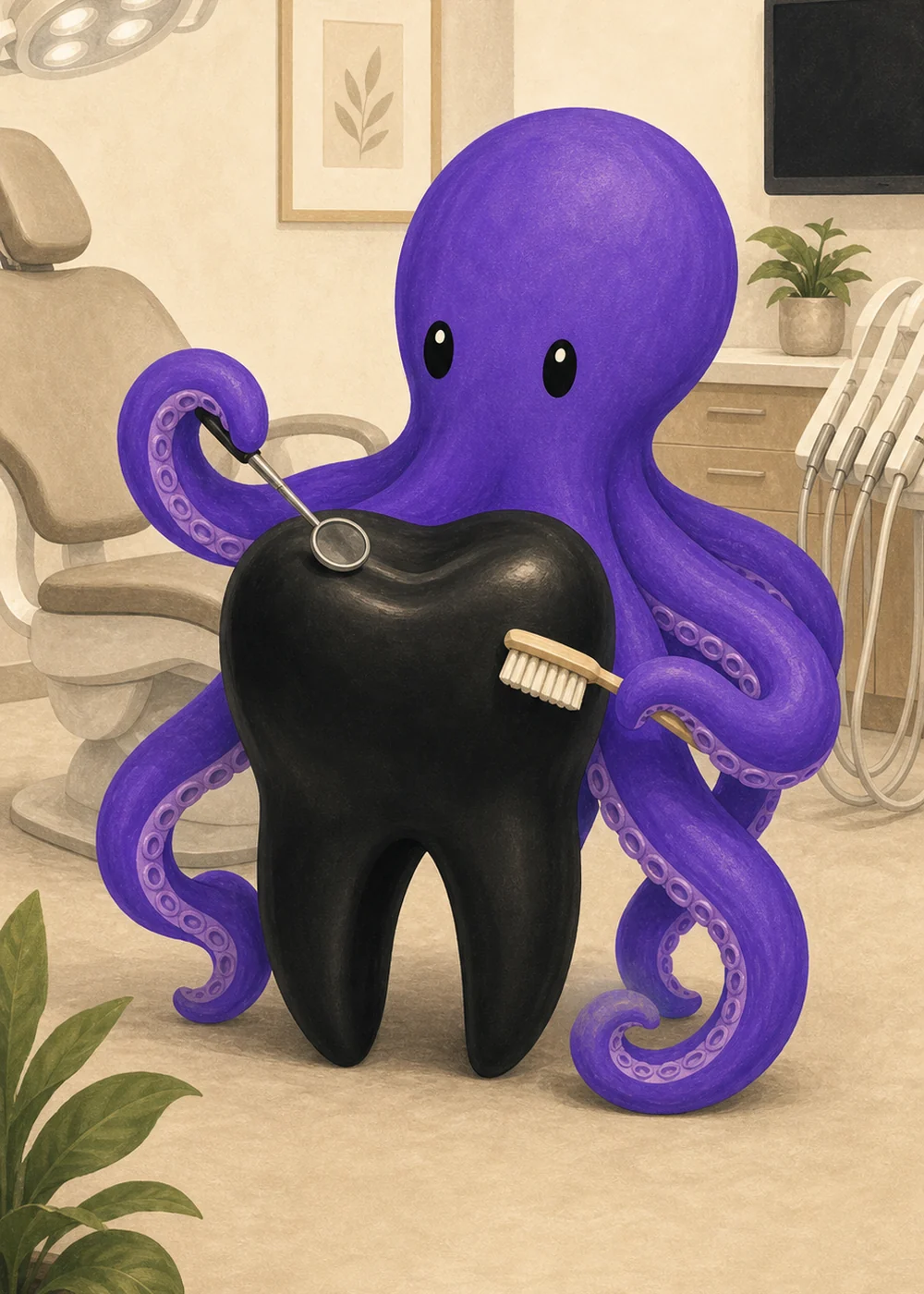 Polvo roxo com um dente preto em uma clínica