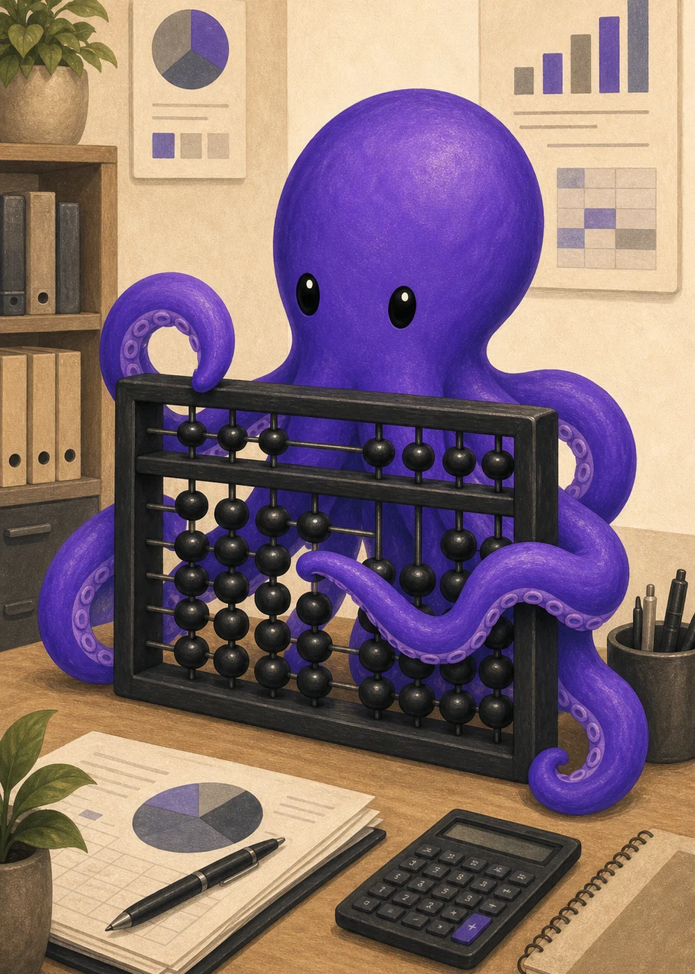 Polvo roxo usando um ábaco em uma mesa financeira