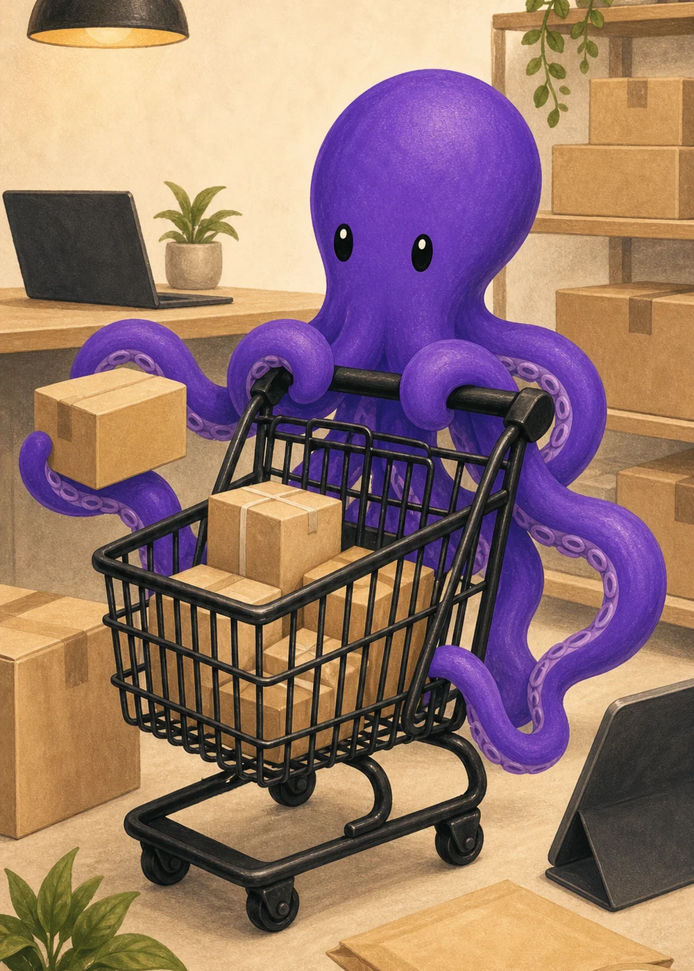 Polvo roxo com carrinho de compras e caixas de e-commerce