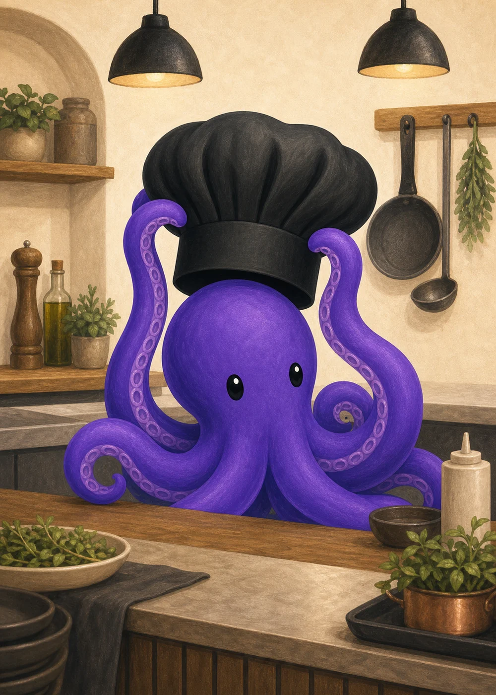 Polvo roxo com um chapéu de chef em um restaurante