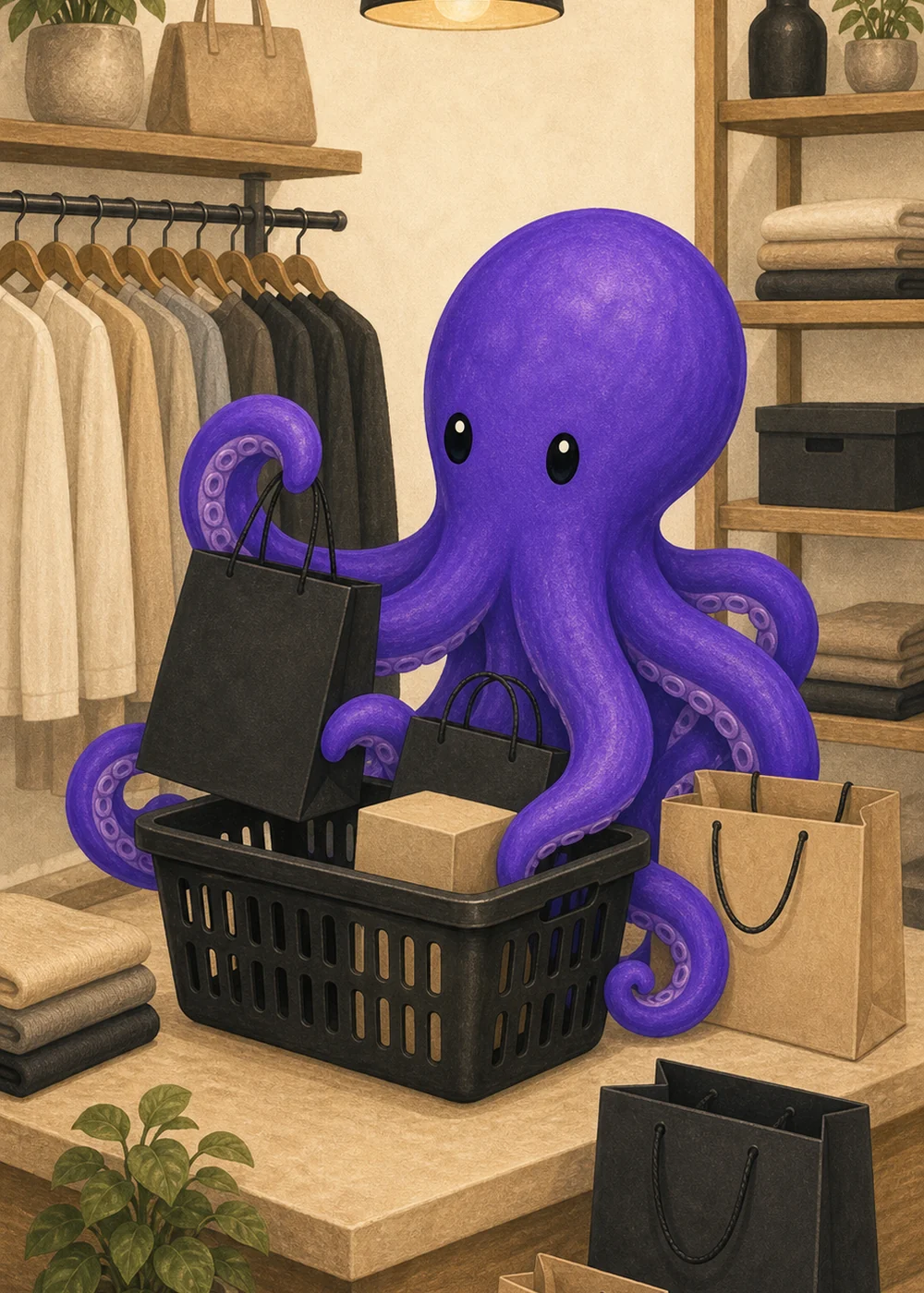 Polvo roxo organizando sacolas e cestas em uma loja